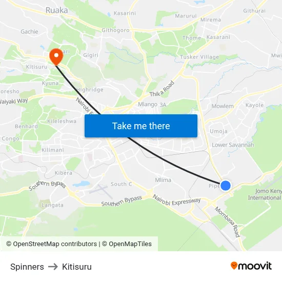 Spinners to Kitisuru map