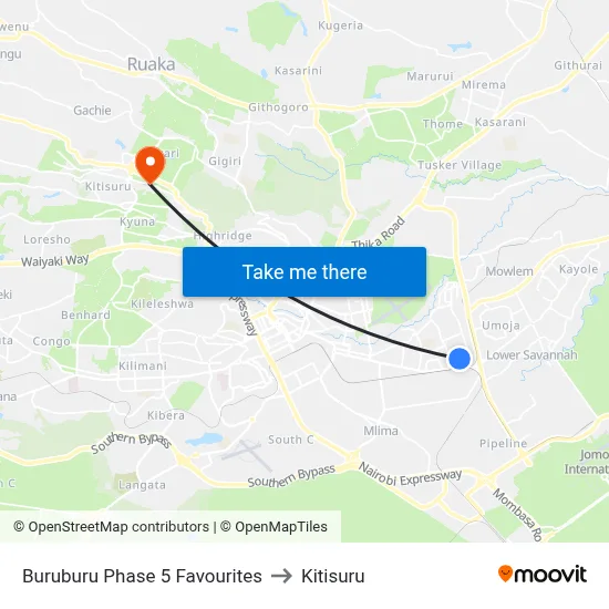 Buruburu Phase 5 Favourites to Kitisuru map