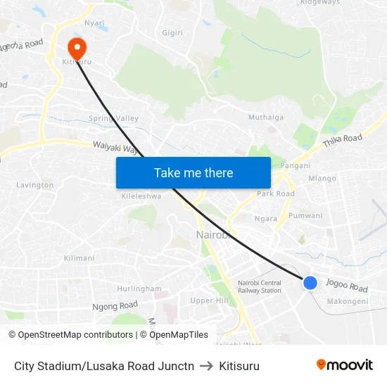 City Stadium/Lusaka Road Junctn to Kitisuru map