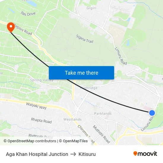 Aga Khan Hospital Junction to Kitisuru map