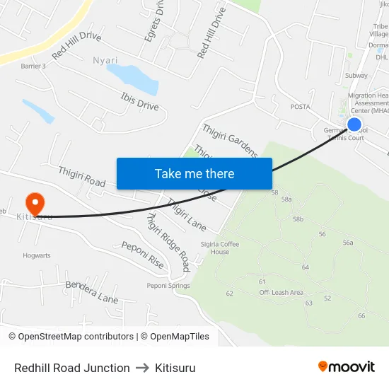 Redhill Road Junction to Kitisuru map