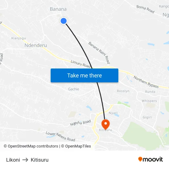 Likoni to Kitisuru map