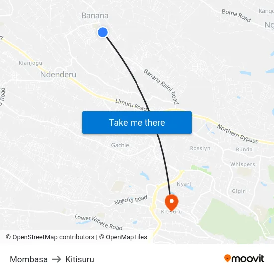 Mombasa to Kitisuru map