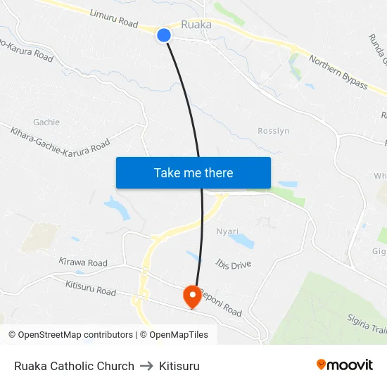 Ruaka Catholic Church to Kitisuru map
