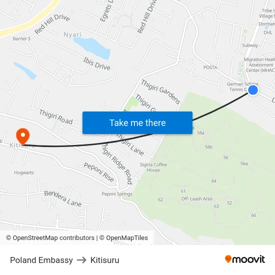 Poland Embassy to Kitisuru map