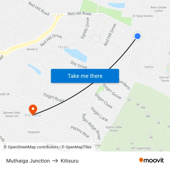 Muthaiga Junction to Kitisuru map