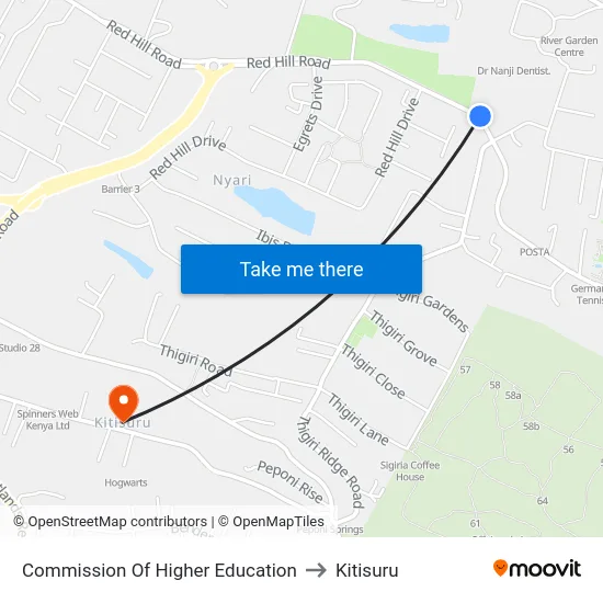 Commission Of Higher Education to Kitisuru map