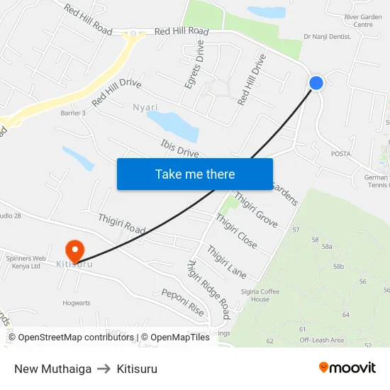 New Muthaiga to Kitisuru map