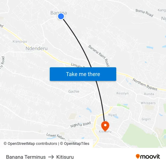 Banana Terminus to Kitisuru map