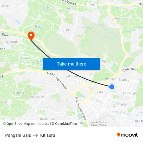 Pangani Gals to Kitisuru map