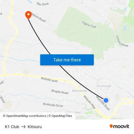 K1 Club to Kitisuru map