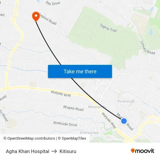 Agha Khan Hospital to Kitisuru map