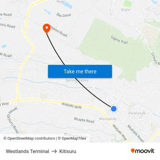 Westlands Terminal to Kitisuru map