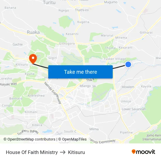 House Of Faith Ministry to Kitisuru map