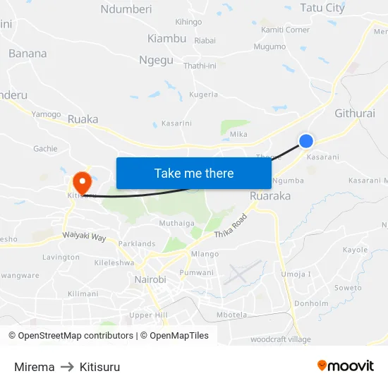 Mirema to Kitisuru map