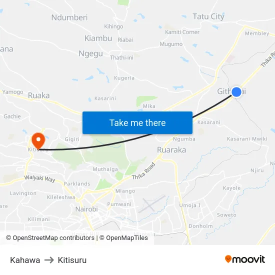 Kahawa to Kitisuru map