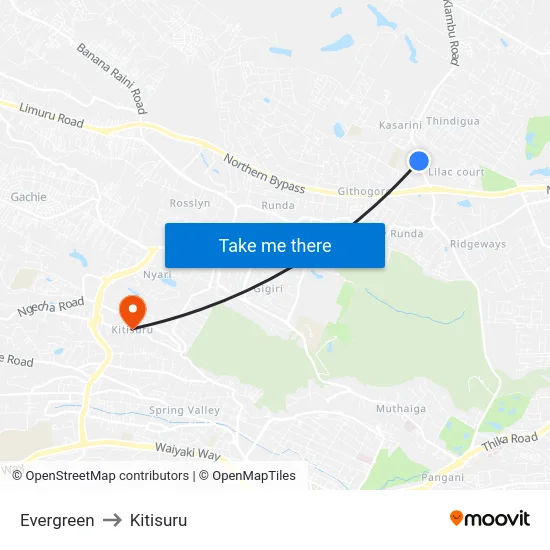 Evergreen to Kitisuru map