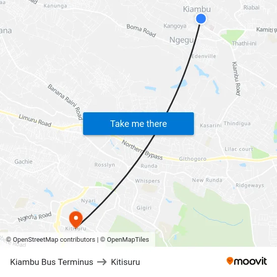 Kiambu Bus Terminus to Kitisuru map