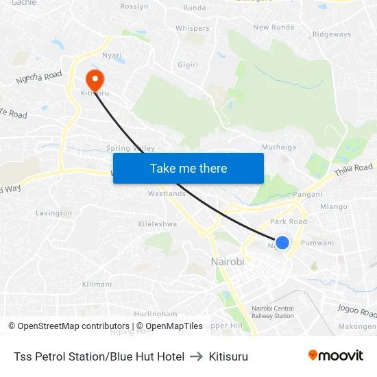 Tss Petrol Station/Blue Hut Hotel to Kitisuru map