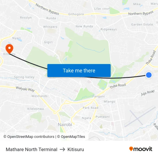 Mathare North Terminal to Kitisuru map