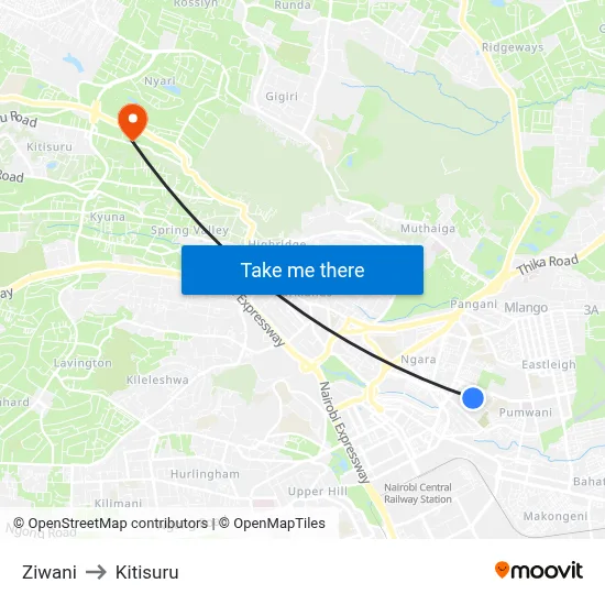 Ziwani to Kitisuru map
