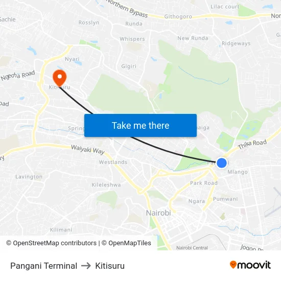 Pangani Terminal to Kitisuru map