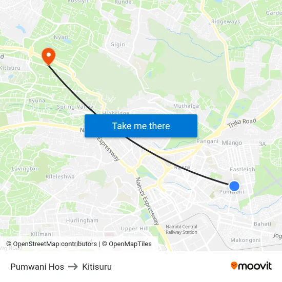 Pumwani Hos to Kitisuru map