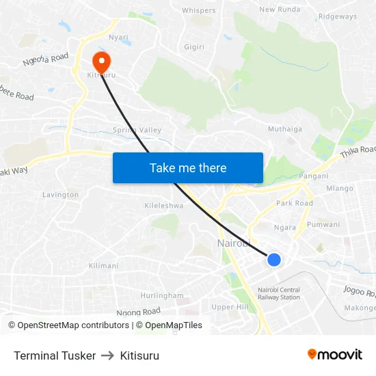 Terminal Tusker to Kitisuru map