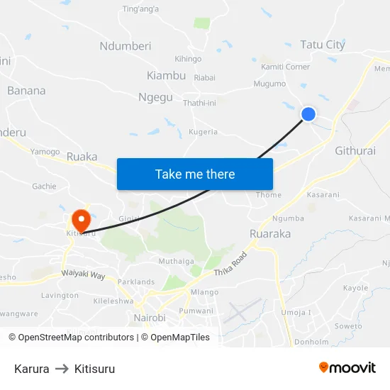 Karura to Kitisuru map
