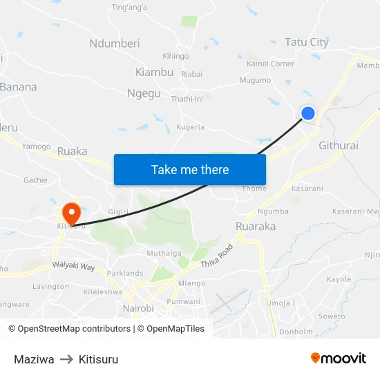 Maziwa to Kitisuru map