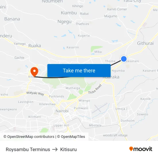 Roysambu Terminus to Kitisuru map