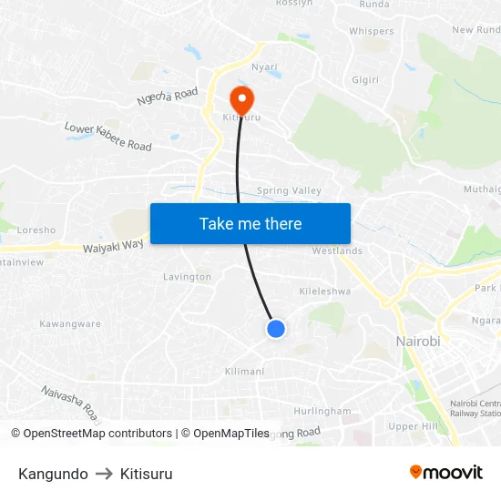 Kangundo to Kitisuru map