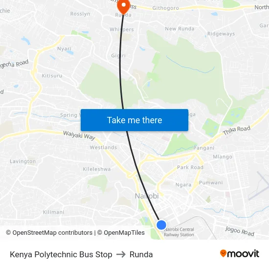 Kenya Polytechnic Bus Stop to Runda map