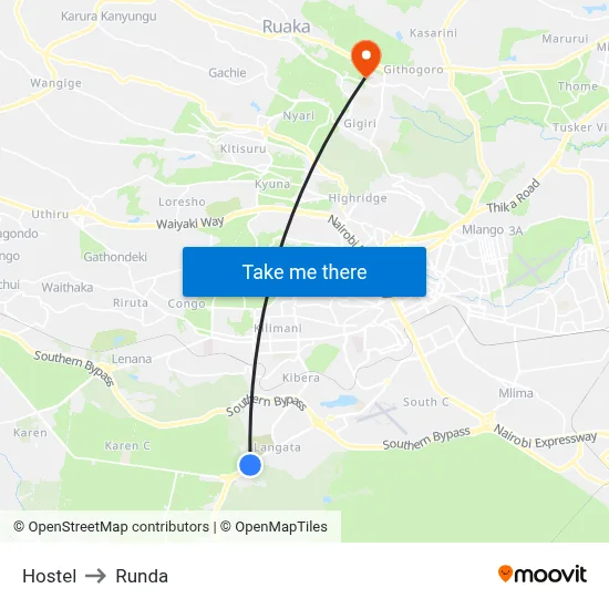 Hostel to Runda map