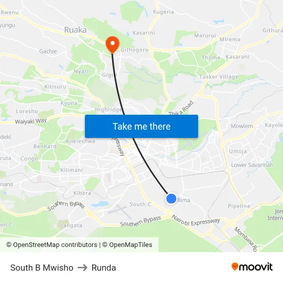 South B Mwisho to Runda map