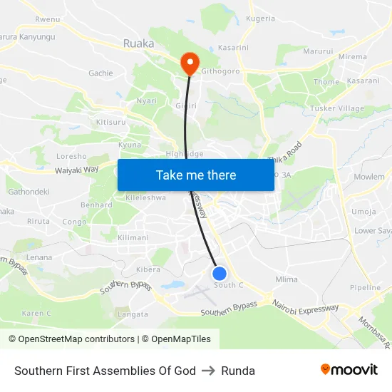 Southern First Assemblies Of God to Runda map
