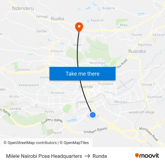 Milele Nairobi Pcea Headquarters to Runda map
