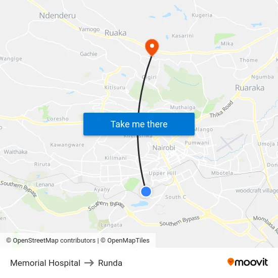 Memorial Hospital to Runda map