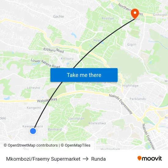 Mkombozi/Fraemy Supermarket to Runda map