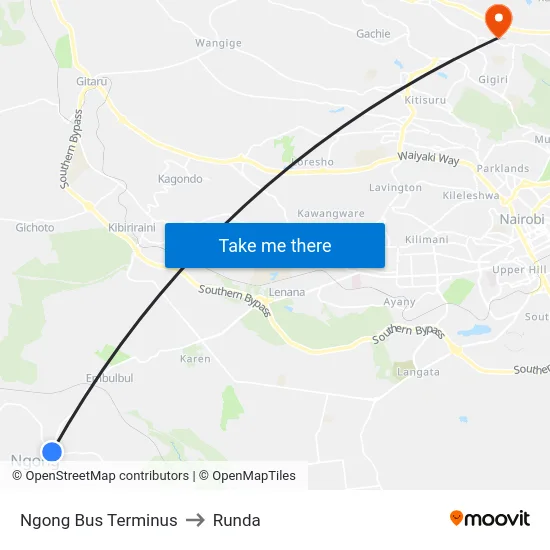 Ngong Bus Terminus to Runda map