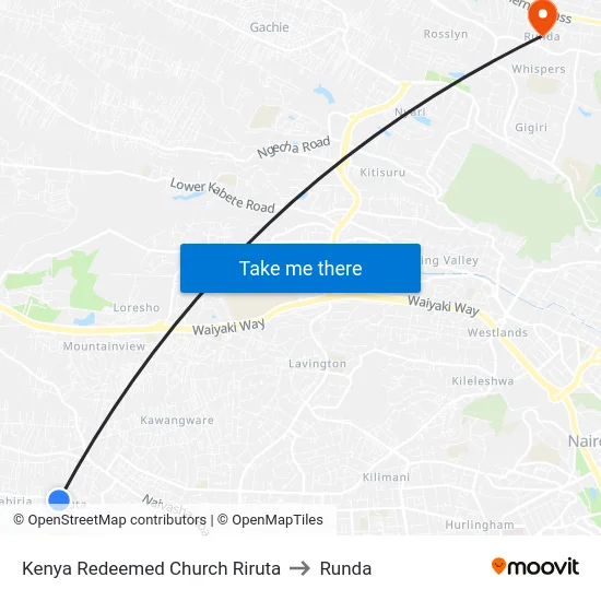 Kenya Redeemed Church Riruta to Runda map