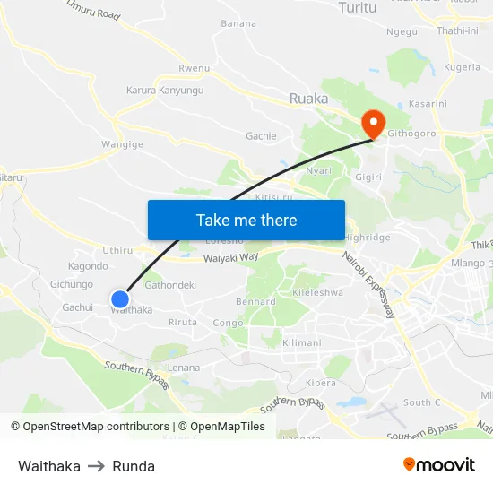 Waithaka to Runda map