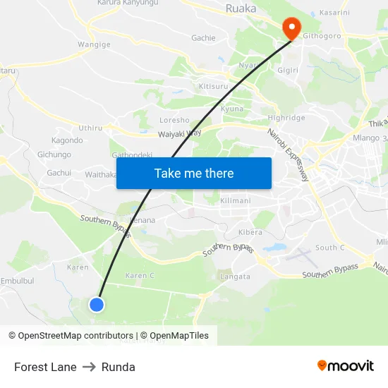 Forest Lane to Runda map
