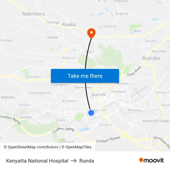Kenyatta National Hospital to Runda map