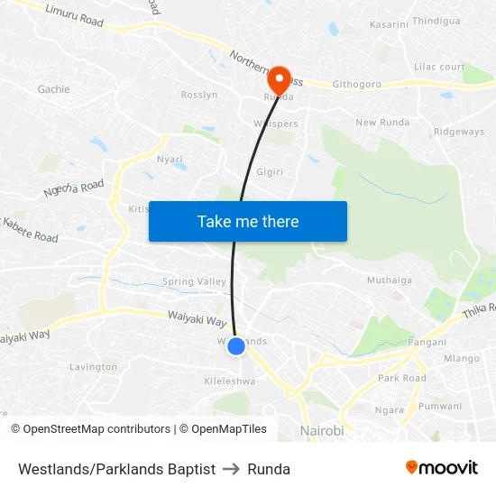 Westlands/Parklands Baptist to Runda map