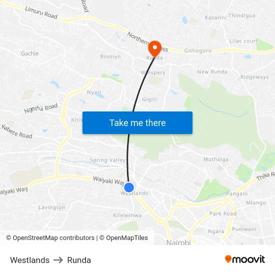 Westlands to Runda map