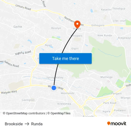 Brookside to Runda map