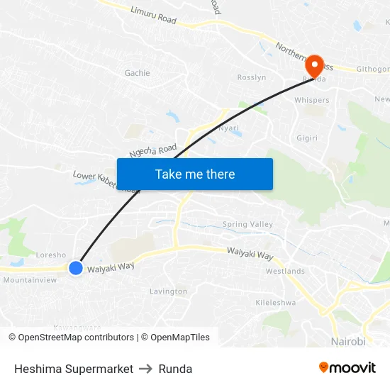 Heshima Supermarket to Runda map