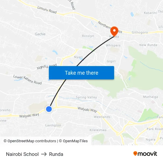 Nairobi School to Runda map