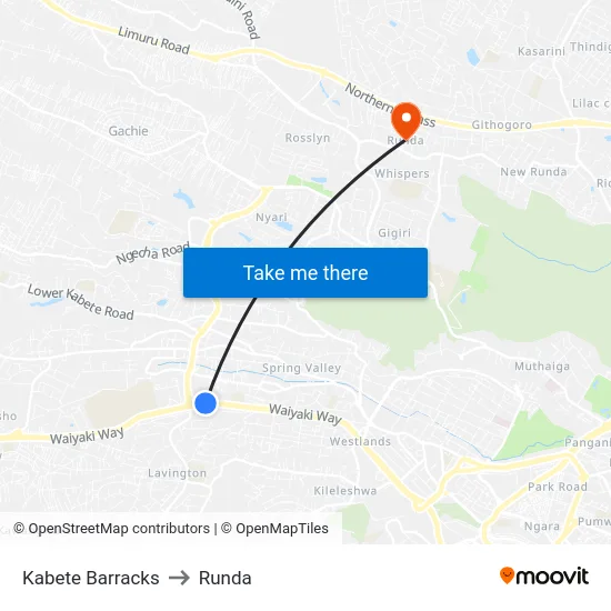Kabete Barracks to Runda map